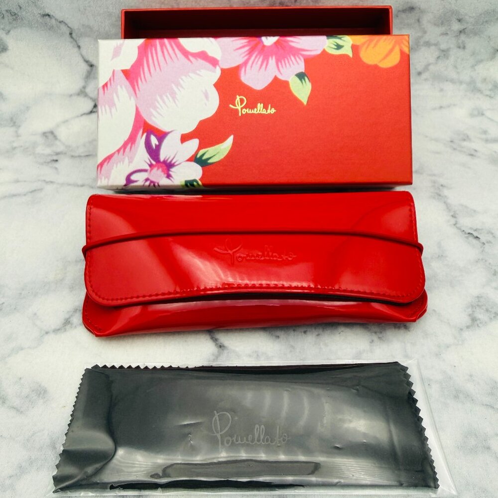 Pomellato Sunglasses Case Set, Faux Red Leather, Floral Red Boxed, Black Cloth